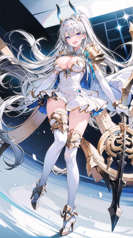 1girl, solo, long hair, breasts, horns, thighhighs, open mouth, tail, weapon, smile, high heels, blue eyes, white hair, white footwear, dress, armor, white thighhighs, gloves, large breasts, full body, boots, white dress, holding weapon, very long hair, thighs, white gloves, bangs,  <lora:SuffrenV1.0:0.8>, suffrenlibre, standing,