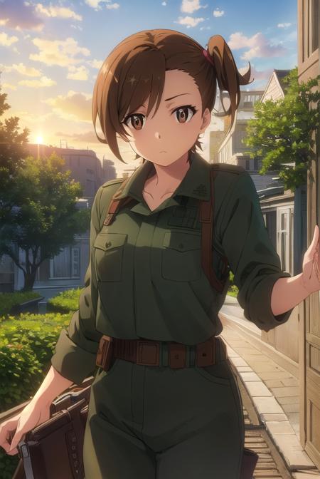 shinokuribayashi, <lora:shino kuribayashi s1s2-lora-nochekaiser:1>,
shino kuribayashi, short hair, brown hair, (brown eyes:1.7), side ponytail,
BREAK uniform, military, military uniform, (green uniform:1.5),
BREAK outdoors, forest, nature, sun, sky, clouds, trees, grass,
BREAK looking at viewer, (cowboy shot:1.5),
BREAK <lyco:GoodHands-beta2:1>, (masterpiece:1.2), best quality, high resolution, unity 8k wallpaper, (illustration:0.8), (beautiful detailed eyes:1.6), extremely detailed face, perfect lighting, extremely detailed CG, (perfect hands, perfect anatomy),