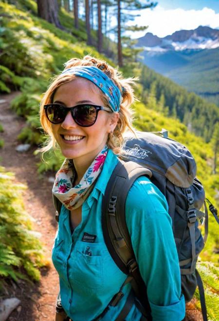 captivating photo of a woman, outdoor adventure, majestic mountains. rugged backpack, sturdy hiking boots, a bandana around her neck, a pair of sunglasses resting on her hat, hair styled in a messy hairstyle, air of natural confidence, playful breeze, tousling her hair and rustling leaves of surrounding trees, towering pine trees in background, crystal-clear waters cascading over rocks, azure sky, sunlight filtering through the canopy, casting dynamic shadows, illuminating vibrant wildflowers, lush ferns along the trail.