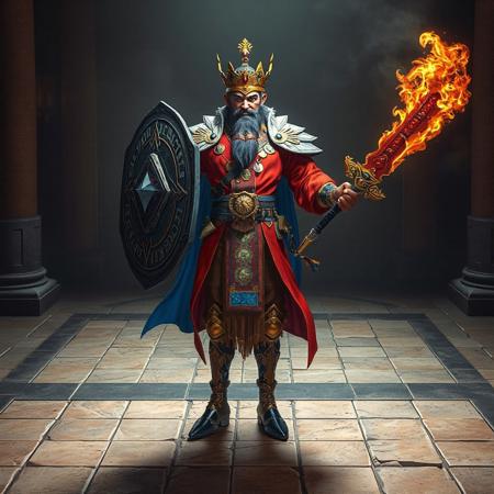 "Epic Full-Body Detail: A victorious Coach King Giantrainer, dressed in vibrant red and blue, stands on an aged tile floor, holding a Cyber Shield and a Flaming Dragonswords. The setting is an Altar of the Bound Deity, which provides a neutral backdrop that highlights the Coach King Giantrainer. This 4K image boasts exceptional quality, dynamic composition, harmonious colors, and vivid details, including a super detailed face, eyes, clothes, and weapons. The image exudes a joyful and powerful energy, with a captivating use of light and shadow. Trending on Artstation HQ."