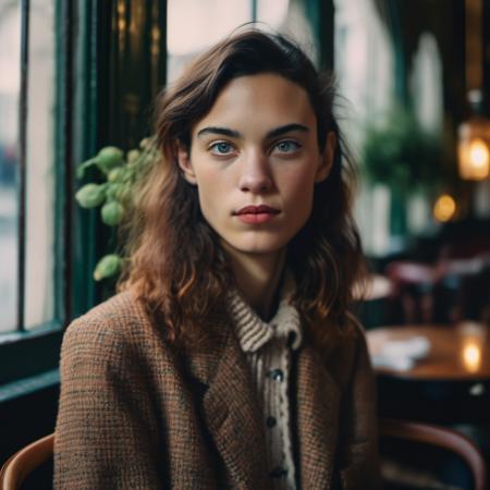 <lora:alexachung_xl_lora_25:1> alexachung a close up portrait photo of a beautiful 26 y.o woman in a paris cafe, wearing vintage clothing, moody, vines, organic, modern, (high detailed skin:1.2), 8k uhd, dslr, soft lighting, high quality, film grain, Fujifilm XT3