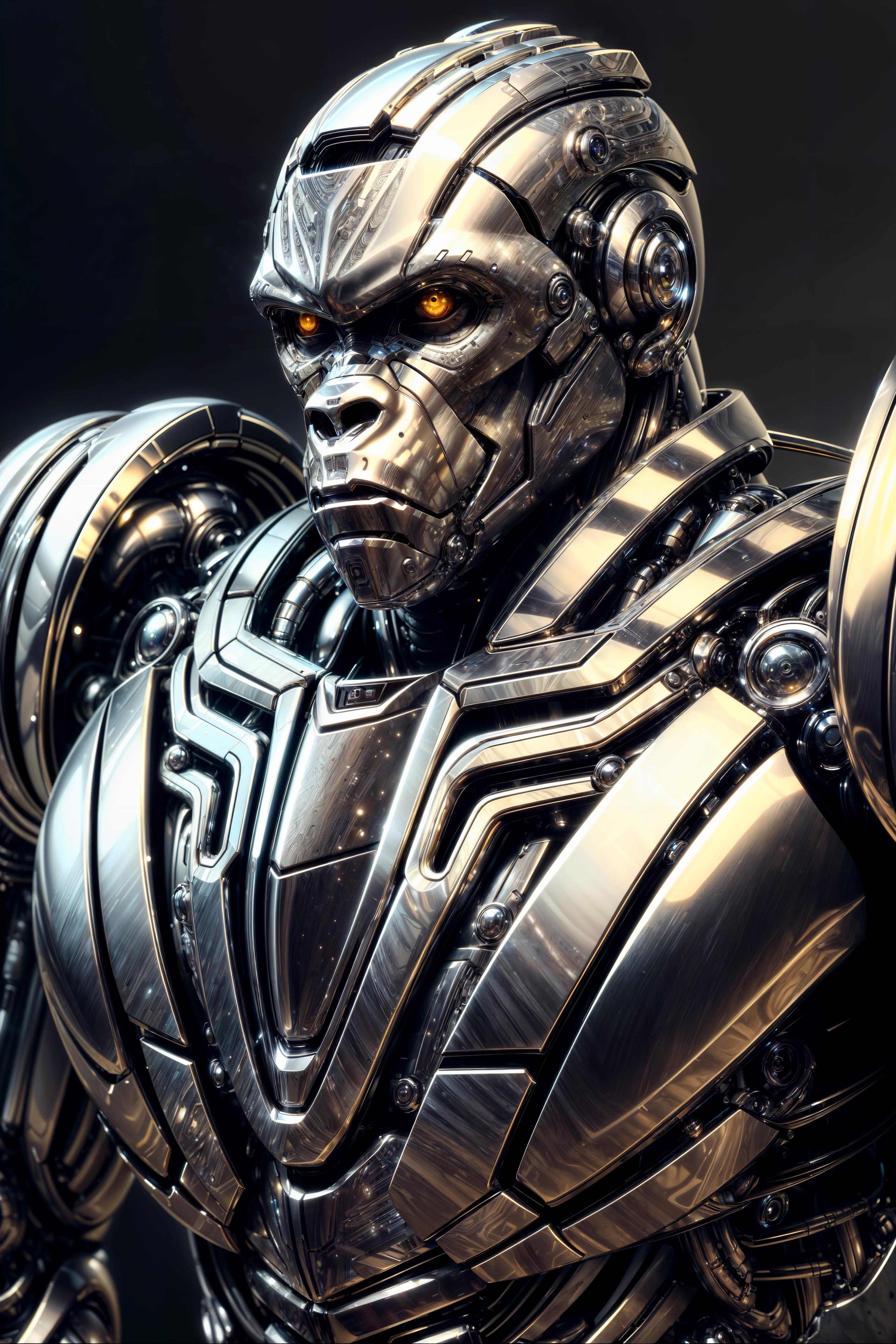 A robot with a gorilla head, silver armor, and a gold and silver chest.