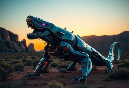 Imagine a futuristic robot leviathan at sunrise, set against the majestic backdrop of Ayers Rock. The robot's design should incorporate a distinctive aesthetic, blending Swiss cheese wheels with sleek metallic parts. Key features include a shorter neck, a snarling expression, and a powerful pose. Achieve a cinematic look with warm colors, incorporating the golden ratio for visual balance. Incorporate dark teal accents and purple hues to create a unique visual identity. The robot's design should resemble an apex predator, with metallic components forming its body.