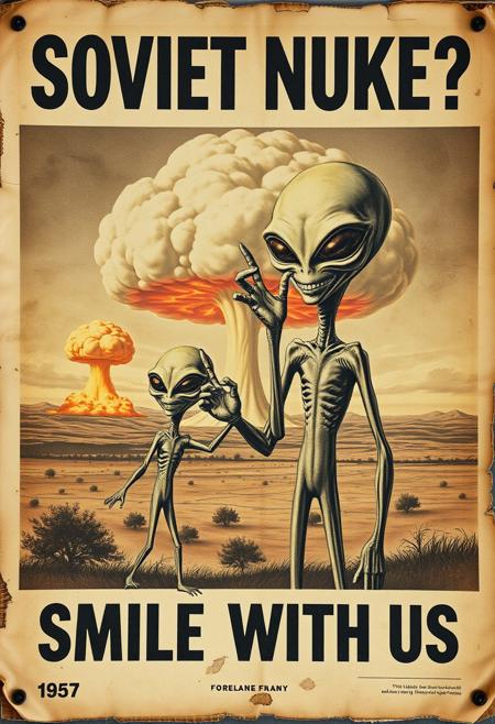 “A decayed, vintage-style poster from 1957, weathered and torn, depicting a surreal and apocalyptic scene. The faded image shows a pair of aliens—one an imposing, tall figure (the father), and the other a smaller, childlike alien (the son). The father holds the son’s hand with one hand, while making an exaggerated ‘OK’ sign with his other hand, both with unsettling, alien features. The father’s wide, mad smile radiates an eerie, otherworldly charm. In the far background, a massive nuclear mushroom cloud dominates the sky, with fiery orange fireballs at its base and visible blast waves rippling through the landscape. The poster’s bold text, ‘SOVIET NUKE?’ across the upper section and ‘SMILE WITH US’ in the lower section, is faded, smeared, and inked with scribbles and stains. The paper appears rotten, with tears, creases, and discolored edges, adding to the haunting, apocalyptic atmosphere of the piece.”