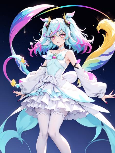 cure supreme cure supreme, multicolored hair, arm warmers, white dress, culottes, white legwear, eyelashes, hair ornament, white choker, brooch, high heels, two side up, gem, animal ears, detached sleeves, nail polish