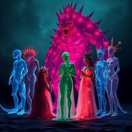 1 pawg archaea Humanoid, 1 male bacteria humanoid, 1 Protozoa Kaiju humanoid, and 1 fungi/Forest/elements/humanoid, 1 algae/neon/female humanoid, 1 viruses/parasite/creature humanoid, 1 Dinoflagellates/humanoid, the 7 are standing beside each other. 32k, 16k, 8k, masterpiece, Bioluminescence translucent body. They are kneeling at 1 bioluminescence translucent Neon pearl luminari body protocell humanoid Goddesses, and 1 bioluminescence translucent Neon Galaxy luminari body protocell humanoid God.