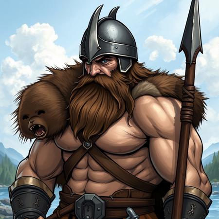 ((The image is an illustration depicting a brutal muscular man with a long beard, angry blue eyes, closed mouth, wearing a a three-pointed helmet and chianmail armor, holding a spear. A bear fur skin on his shoulders)). side view, upper body
Random background, sky, river