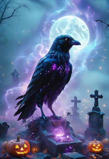 Mystic Lumina,large menacing crow, crow focused, Halloween, spooky, haunted, graveyard full of pumpkin, ethereal, dreamy, purple glow, blue mist, masterpiece (black:1.5), (gray:1.5).