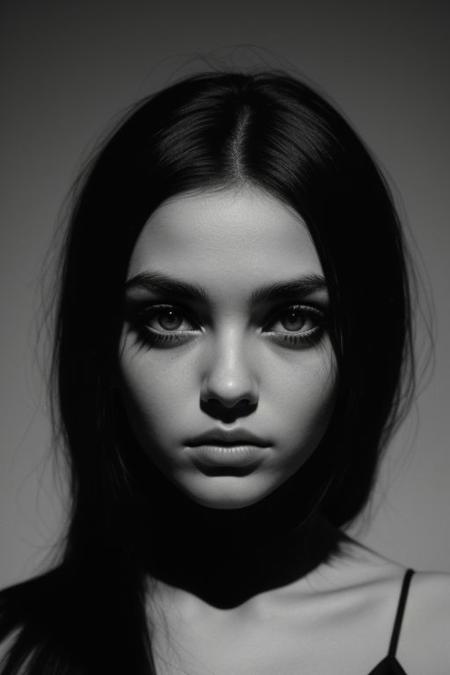 Beautiful 21 year Old woman diamond shaped face, big eyes, dark eye shadow, dark makeup, high contrast bnw photo, analog film photo, deep shadow, heavy Film grain