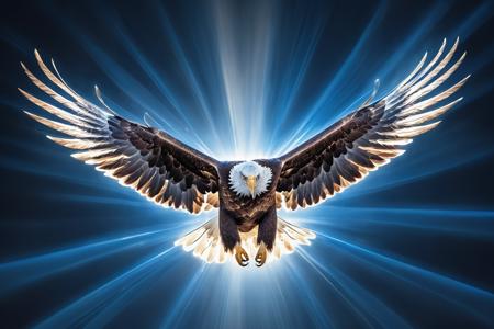 (Phantom Flares style) around a majestic eagle in flight,  where light flares create phantom-like forms,  in sky blue and white