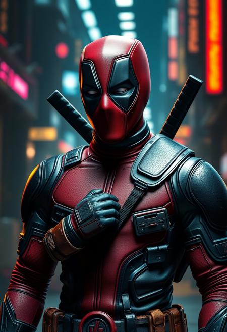 Deadpool but wearing a cyberpunk armor and suit, cyberpunk background, sci-fi best quality, realistic, cinematic lighting, hyperrealistic, perfect quality