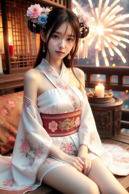 hands_, realistic, 
1girl, solo, fireworks, black hair, japanese clothes, hair ornament, flower, long hair, kimono, candle, hair flower, detached sleeves, double bun, sitting, realistic, looking at viewer, hair bun, sash, floral print
<lora:å«£ææ¥¼3:0.8>