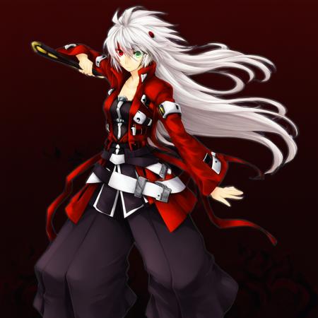 heterochromia, red eyes, green eyes, white hair, spiked hair, short hair,  heterochromia eyes, red eye, green eye, white hair, long hair, red jacket, open jacket, chest belt, black hakama, hakama shirt, hakama pants, forehead protector, black bodysuit, covered navel, crotch plate, gold crotch plate, bridal gauntlets, red armor, shoulder armor, arm armor, mecha musume, mechanical legs, green gemstone, arm blade,