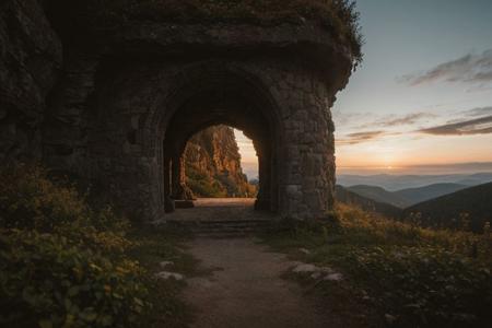 raw photo, a sunset landscape, greek mountains, forested ravine cliffs, cozy, photorealistic, abandoned Towering Stone gateway entry into dark the side of rocky mountain cliff face, (dwarven: 1.39), high fantasy style, high detailed texture, 8k uhd, dslr, soft lighting, high quality, film grain, Fujifilm XT3, Sony A7 IV, highly detailed photography, (muted colors, cinematic, dim colors, soothing tones:1.2), vibrant, insanely detailed, hyperdetailed, (dark shot:1.2), (vsco:0.3), (intricate details:0.9), (hdr, hyperdetailed:1.2) (highest coherency: 1.39) (highest quality: 1.39) (rule-of-thirds) (award-winning) (masterclass) (highest resolution: 1.39) (castle architecture built into cliff: 0.69) (starfort: 1.1) (protruding from hillside) (rounded doorway) (arcane archictecture) (glowing elven celtic knot designs: 1.29) (natural bridge)