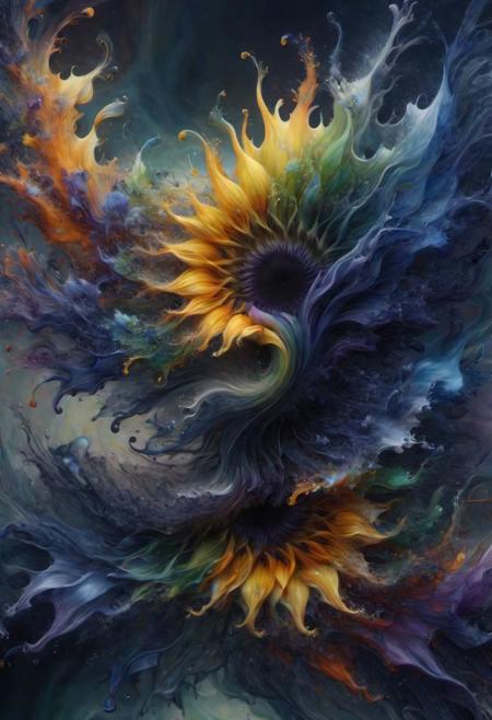 [Red, orange, yellow, green, blue, indigo, violet] sunflower_painting swirling ink, [realistic_floral_elements:0.65],(composition{[fractal_landscape_with_floral_elements] [organic_flow_of_spirals_and_swirls:1.25]}),(lighting{[soft_ambient_lighting_enhancing_fractal_details]}),(style{[intricate_details] [vibrant_color_palette]}),(mood{[harmony_of_nature_and_geometry] [serene_and_dynamic_atmosphere]}),(quality{[high-resolution_detailed_fractal_patterns] [realistic_floral_elements] [smooth_transition_of_cloud_waves]}) hyperdetailed Northern Lights background