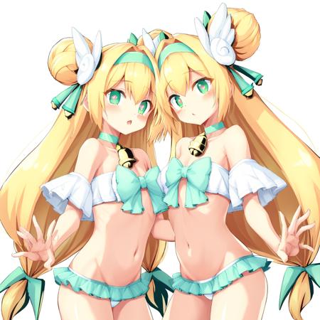 heart-shaped pupils, green eyes, blonde hair, low-tied long hair, long hair, quad tails, two side up, teal hairband, white gloves, bell, ribbon, teal ribbon, blue collar, white skirt, teal skirt, teal bow, blue trim, heart-shaped pupils, green eyes, blonde hair, low-tied long hair, long hair, quad tails, two side up, double bun, teal hairband, wing hair ornament, Angelic bikini, frilled bikini, green choker, bell, Green eyes, blonde hair, low ponytails, rounded glasses, teal ribbon, large breast, black school uniform, pleated skirt, black skirt, black shirt, blue trimming, hooded cloak, white cloak, brown pantyhose,