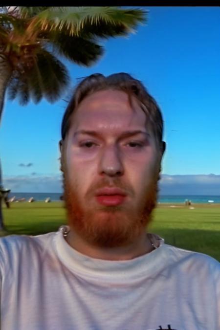 (upper body and face of <ffurian> male character 1.5), (pose: pointing finger into the sky 1.7), (ffurian man with beard 1.1), (ffurian wearing white t-shirt 1.0), (brazilian beach, palm trees background 0.6), (ffurian man with beard 1.1), (sunny weather 0.4) BREAK Weirdcore (y2k aesthetic 0.8), ms paint style, 3d render, half0ster, VHS, VHS footage of, balenciaga, photo \(medium\)