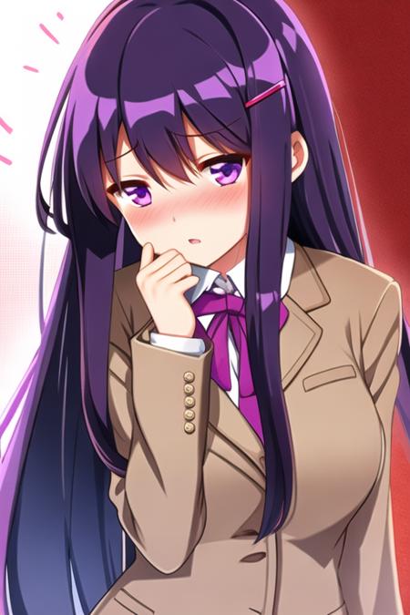 1girl, yuriddlc, solo, purple eyes, long hair, hair ornament, purple hair, hairclip, school uniform, blush, looking at viewer, jacket, parted lips, ribbon, hair between eyes, bangs, long sleeves, wide-eyed, school background, yandere