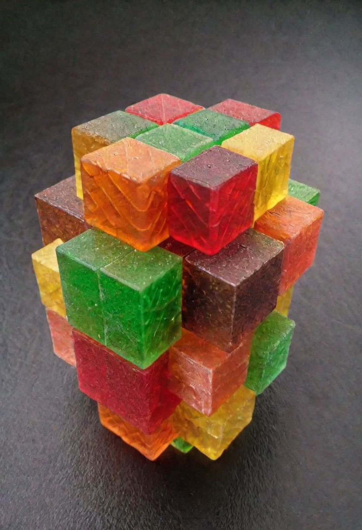 A colorful cube made of jello cubes.