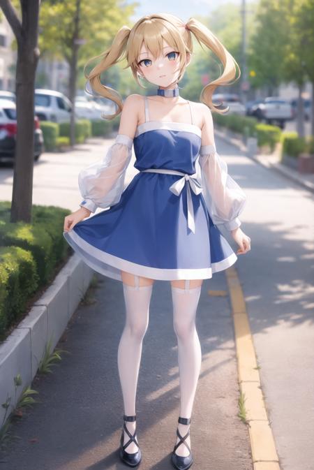 rtachan,blue dress,twintails,outdoors,full body,standing,detached sleeves,white thighhighs,long hair,garter straps,  standing, <lora:rtachan:1>