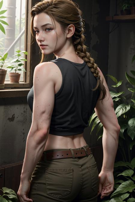 ((masterpiece, best quality))
 <lora:TLOU2Abby:0.8>
TLOU2Abby, 1girl, solo, muscular, single braid, in a lush jungle with vibrant flowers, from behind, looking back