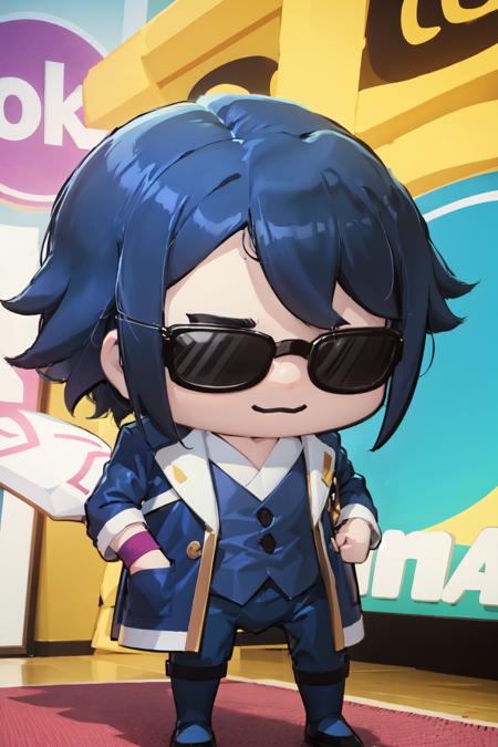 masterpiece, best quality, absurdres, 1boy, solo, chibi, FushimiSaruhiko, glasses, blue coat, black vest, collared shirt, blue pants, wristband, smile, <lora:FushimiSaruhiko:1>, <lora:style_walfie:1.0>