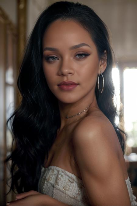 masterpiece, best quality, cinematic, volumetric lighting, very detailed, high resolution, sharp, sharp image, 4k, 8k, 35 mm,
<lora:Rihanna_smf_lora_v2e7m01:0.9>, 1girl, r1h4n2a-smf, solo, jewelry, earrings, long hair, lips, black hair, brown eyes, realistic, blurry, makeup, portrait, eyelashes, collarbone, upper body, eyebrows, eyeshadow,  photorealistic, nose, closed mouth, lipstick, bare shoulders, face, parted lips, brown hair, eyeliner, ((dress)), vogue magazine