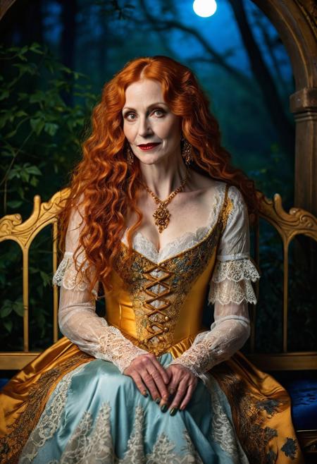A captivating, cinematic night time photo of elegant beautiful goth vampire woman sitting on a blue and gold bench, hands on lap, smiling, age 50 with long curly orange hair and freckles. She is dressed in an exquisite, white and yellow Victorian dress adorned with intricate lace and gold thread patterns. Her long orange hair flows elegantly, and her eyes are a striking shade of green. Matching slippers enhances her look. The background is a mystical, moonlit forest glowing lanterns, creating an atmosphere of supernatural enchantment., DarkFantasy, photo, cinematic,