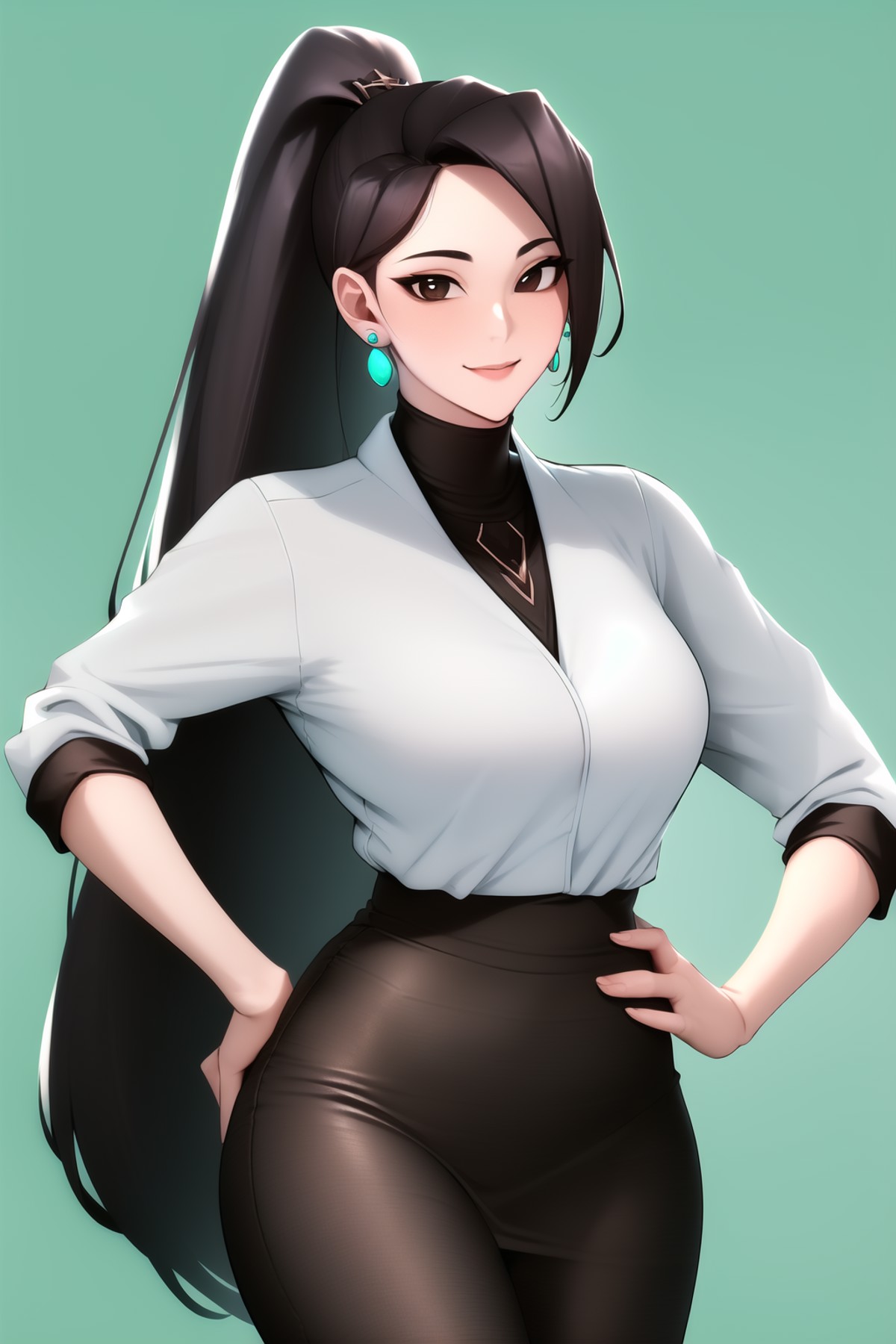 sage(valorant, 1girl, solo, black hair, long hair, jewelry, white shirt, shirt tucked in, formal outfit,brown eyes, earrin...