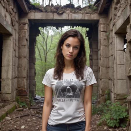 <lora:nella_sdxl:1> nella beautiful woman, beautiful bone structure, in a (ruin), in the woods, spooky,  wearing a (t-shirt:1.1), (thunderstorm:1.2),  (realistic, photo-realistic:1.37), ultra high res, ultra-detailed, incredibly beautiful girl, 8k uhd, dslr, soft lighting, high quality, film grain, Fujifilm XT3