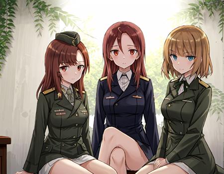 Gracie, minna, Gundula Rall, 3girls,  garrison cap, military uniform, white background, sitting, plants, wallpaper, plants 
AND 
Gracie, 3girls,  garrison cap, looking at viewer,  plants 
AND
minna, 3girls, looking at viewer, cross one' legs,  plants 
AND
Gundula Rall, 3girls, looking at viewer,  
<lora:world_witches_LW-step00120000:1>