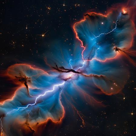 mad-nbla, lightning bolt shaped nebula, ultra realistic, complementing tones
