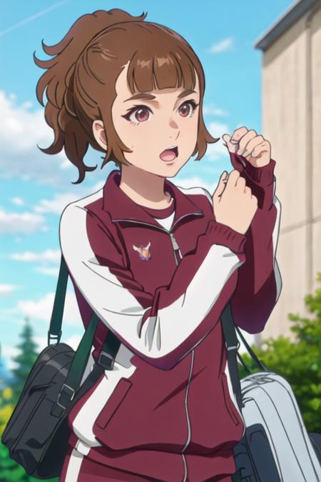 best quality, masterpiece, highres, solo, {saotome_ichina_birdiewinggolfgirlsstory:1.15}, brown_hair, short_hair, ponytail, bangs, open_mouth, brown_eyes, 1girl, day, jacket, sky, track_jacket, track_suit, outdoors, cloud, upper_body, bag, sunlight