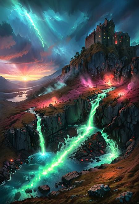 (by Ellen Jewett:1.5), (Red Bioluminescent Impressionism, Scottish highland  landscape, Flow in the Name of blue fire* *Channel_42* *中* *Broadcasting* *Artificially_Atypically_Autistically* *Magnetic**Synesthesia* *lightning*, The Dreamland, green earth, heather, sky sunset, sunrise ,waterfall, great castle on a crag, Crag, highland mountains, ethereal landscapes, depth of field, biotech emotion:1.3) <lora:xl_more_art-full_v1:0.5> <lora:add-detail-xl:1> <lora:RMSDXL_Creative:2>*Channel_42* ral-wlfnte, PEAnimeBG, scenery