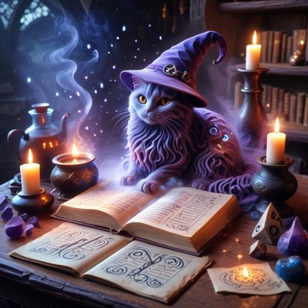 (GrubCat),  (sandswirl), (close-up shot), (cat sitting on a cluttered wizard’s desk), (wearing a slightly oversized wizard hat), (mystical artifacts scattered around), (glowing runes on parchment), (open spellbook with arcane symbols), (floating candles casting eerie light), (bubbling potion in glass flask), (faint magical aura in the air), (mystical blue and purple lighting), (dusty, ancient tomes stacked nearby), (soft shadows and warm candle glow), (smoke swirling from a tiny cauldron), (enchanted atmosphere), (whimsical, magical setting).
