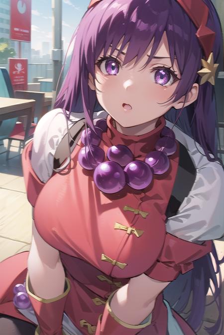 athena asamiya, long hair, hair ornament, (purple eyes:1.1), purple hair, hairband, star \(symbol\), star hair ornament, red hairband, gloves, jewelry, pants, fingerless gloves, necklace, bead necklace, chinese clothes, dress, red dress, puffy sleeves, short sleeves, white sleeves, red gloves,