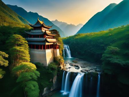 National Geographic photo, an ancient chinese temple high in the remote mountains, built around the focal point of a beautiful waterfall, cinematic lens, accent lighting, global illumination, golden hour, film type <lora:waterfallsXL:0.9>