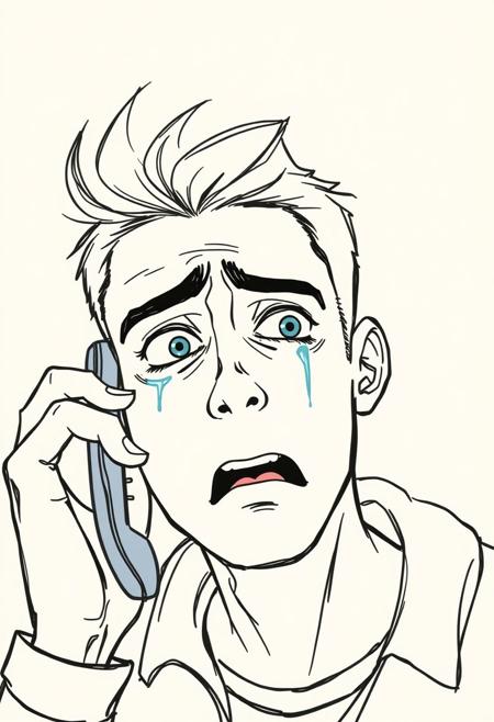 a fast drawn toon sketch of a young man with tears in the eyes dramatically crying on the phone. head close-up