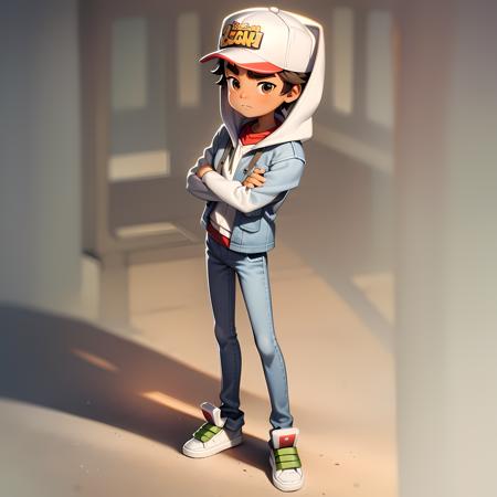 ((masterpiece, best quality)),(complex light), solo, full body,1boy, jake, brown eyes,thick eyebrows, <lora:JakeSubwaySurfer1-10:0.6>,hood, baseball cap, simple background, standing, crossed arms,  gradient background, denim ,