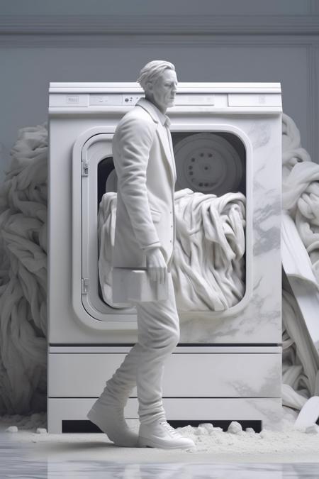 <lora:Daniel Arsham Style:1>Daniel Arsham Style - cinematic shot of a white marbled sculpture of a man, standing next to a laundry machine made of white marble