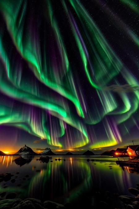 Stunning Aurora Borealis over Lofoten Islands Coastline