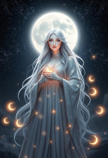 A majestic and ethereal Moon Goddess standing under a star-filled night sky. She has radiant pale skin that glows softly like moonlight, long flowing silver or white hair, and eyes that shimmer like the cosmos. She wears an elegant celestial robe adorned with stars, constellations, and moon symbols. A luminous full moon hovers behind her like a halo, casting a soft, silvery glow. Her presence is serene and divine, surrounded by floating stardust, misty clouds, and glowing crescent-shaped ornaments. The background features a cosmic landscape—craters, stars, and nebulae. Fantasy, divine, ultra-detailed, dreamlike atmosphere, high-resolution.