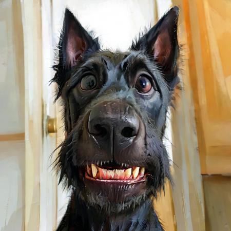 fisheye view, a black hairy scottish terrier dog with a toothy grin on his face, big nose, looking at sopmething, caricature, albeniz rodriguez style <lora:albeniz-rodriguez-style:0.9>