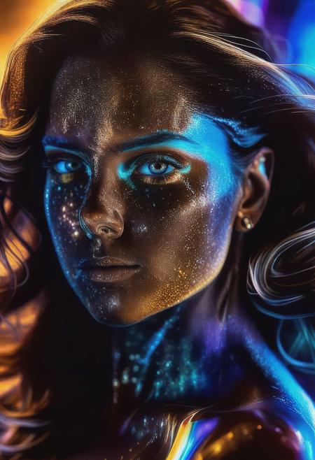 8K. (High quality:1.05), (masterpiece:1.07), (High details and aesthetics face:1.07), "I look at you sensually, showing my powers" A determined realistic adult girl with determined and sensual look, canthal tilt eyes, brown eyes, (thick wavy brown hair flowing until waist in wind:1.07), sensual standing pose, film_theme (she's in a sci-fi blue space galaxy environment, outdoors)