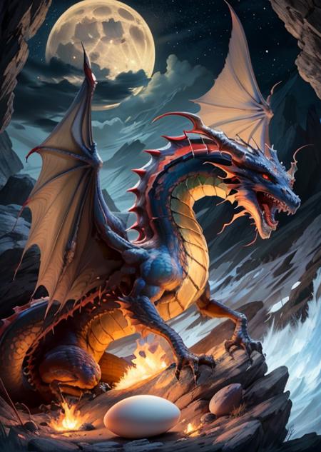 dragonesnomana,red eyes,dragon,wing,nigth,moon,(egg),fire,teeth,gold,cave, <lora:draconic-10:0.75>