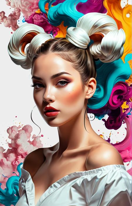 a captivating image of a beautiful woman,Double Bun,White,Full length frame,alberto seveso art,water ink,colorful cloud,loose painting style,intricate detail,octane render,8K,volumetric lighting