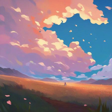 score_9,score_8_up,score_7_up,score_6_up,score_5_up,score_4_up, source_anime, falling petals, sunset, clouds, shadows, grass, scenery