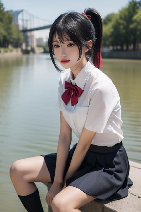 ltra-detailed,highly detailed,best quality,masterpiece,illustration,realistic,
miyamizu mitsuha, 1girl, solo,
black hair, ponytail, short hair,
school uniform, hair ribbon,bowtie,short sleeves, collared shirt, pleated skirt, socks, loafers,
sitting,looking at viewer,
outdoors, water, river, sky, bridge, city, cityscape, wind,parted lips, falling petals,
<lora:miyamizu mitsuha_v1_02:0.7>