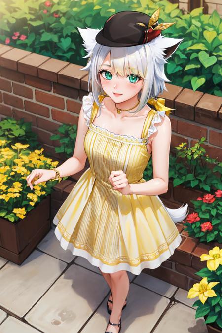 masterpiece, best quality,  <lora:yswhitecat-nvwls-v1-000008:0.9> ysWhiteCat, hat, cat ears, yellow dress, (yellow sundress:1.5), looking at viewer, smile, hands down, garden, from above, blush, tail, green eyes