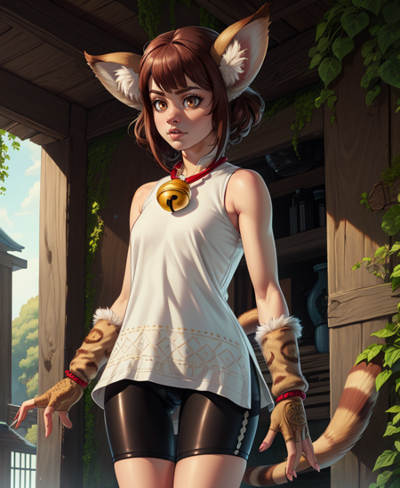 Xiao,long animal ears,short brown hair,tail,brown eyes,
white sleeveless dress with pattern,black bike shorts,neck bell,fur fingerless gloves,
standing,upper body,
small house,green walls,wood,fantasy,
(insanely detailed, beautiful detailed face, masterpiece, beautiful detailed eyes, best quality),<lora:Xiao-10DCv8:0.8>,